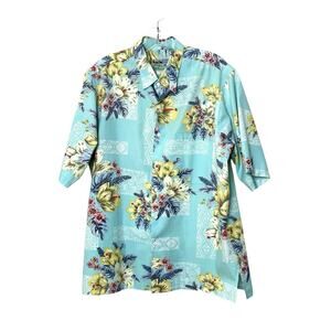 Reyn Spooner Vintage Hawaiian Shirt Mens Large Blue Cotton Floral Tropical Beach